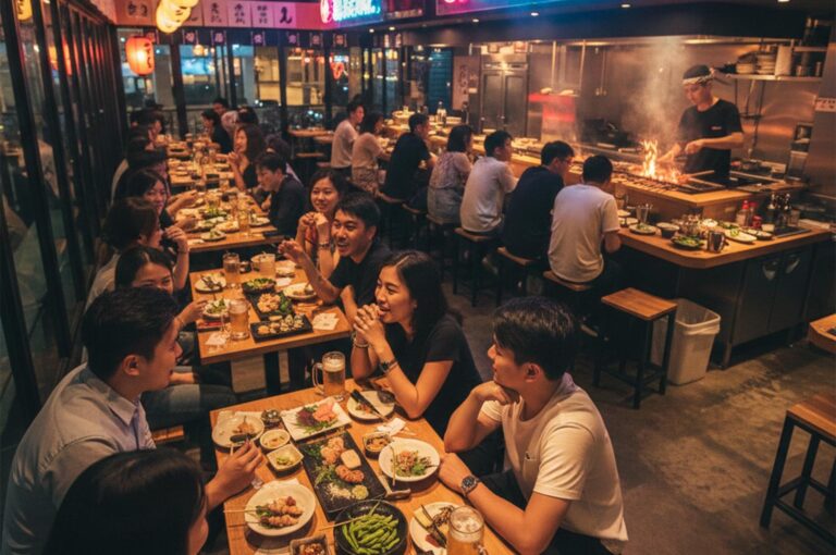A vibrant, crowded Japanese izakaya with people dining at wooden tables and a chef cooking over an open flame grill.