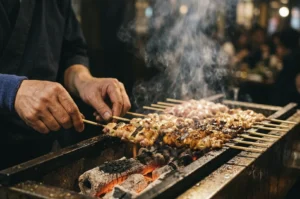 Yakitori chef’s weathered, expert hands as he meticulously rotates several bamboo skewers of chicken and scallions over a narrow, rectangular charcoal grill. Glowing, ashen logs of binchotan charcoal radiate an intense orange heat from the depths of the grill, sending thin, swirling plumes of white smoke upward into a softly blurred, warm-toned background of a bustling night market or restaurant. The chicken pieces vary in doneness, some appearing raw and pale pink while others are perfectly charred with a glistening, golden-brown glaze. The lighting is focused and cinematic, emphasizing the texture of the chef's skin and the rustic, artisanal atmosphere of the street food preparation.