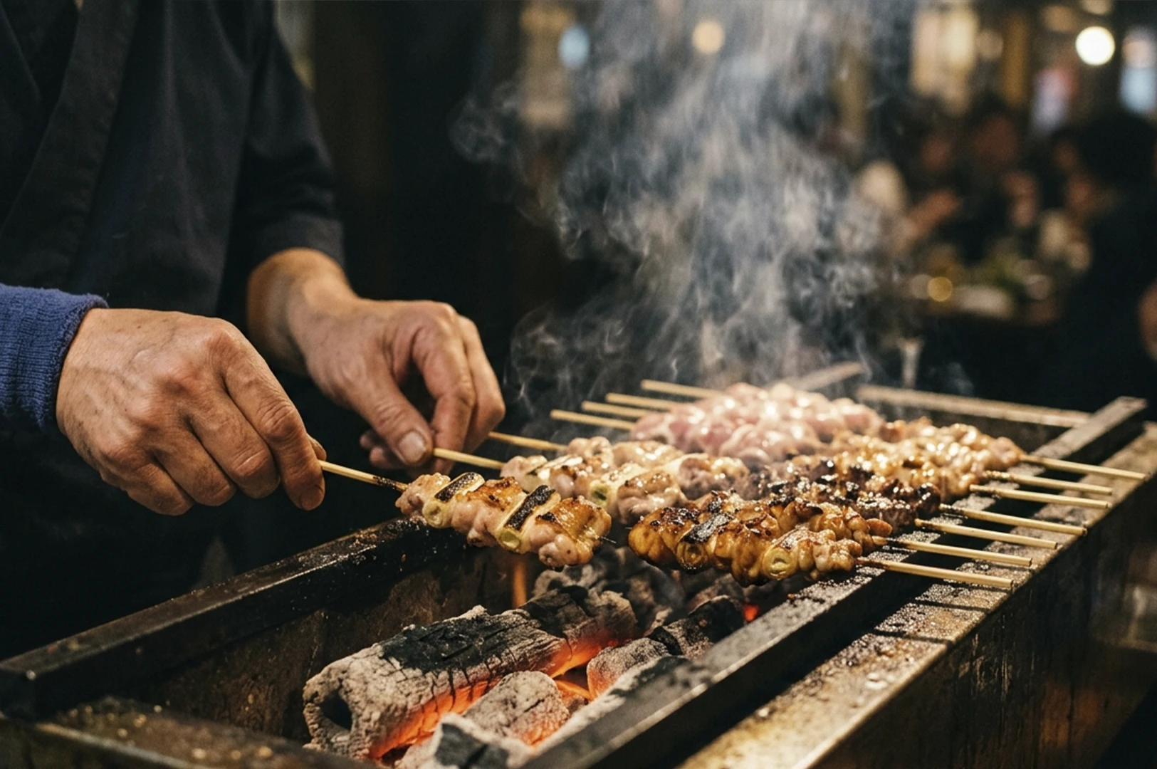 Yakitori chef’s weathered, expert hands as he meticulously rotates several bamboo skewers of chicken and scallions over a narrow, rectangular charcoal grill. Glowing, ashen logs of binchotan charcoal radiate an intense orange heat from the depths of the grill, sending thin, swirling plumes of white smoke upward into a softly blurred, warm-toned background of a bustling night market or restaurant. The chicken pieces vary in doneness, some appearing raw and pale pink while others are perfectly charred with a glistening, golden-brown glaze. The lighting is focused and cinematic, emphasizing the texture of the chef's skin and the rustic, artisanal atmosphere of the street food preparation.