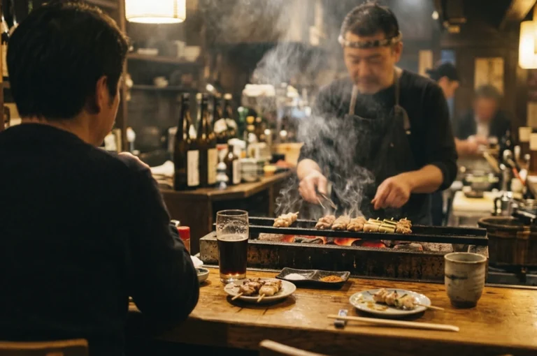 Inside a dimly lit, atmospheric izakaya, a chef wearing a dark apron and a traditional hachimaki headband meticulously grills rows of yakitori skewers over a narrow, glowing charcoal hearth. Thick plumes of white smoke rise from the grill, partially obscuring the chef as he uses metal tongs to turn the meat. In the foreground, the back of a customer’s head and shoulder are visible as they sit at the rustic wooden counter, where a tall glass of dark beer, small plates of grilled skewers, and dipping seasonings are arranged. The background is filled with the warm glow of hanging lanterns and shelves lined with glass bottles, creating a cozy, intimate culinary scene.