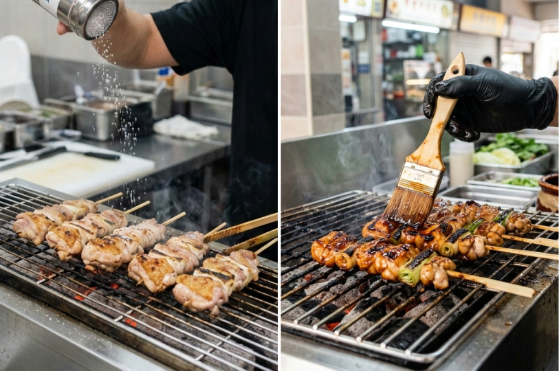 A split view showing a chef seasoning raw chicken skewers with salt and brushing grilled skewers with a dark tare sauce.