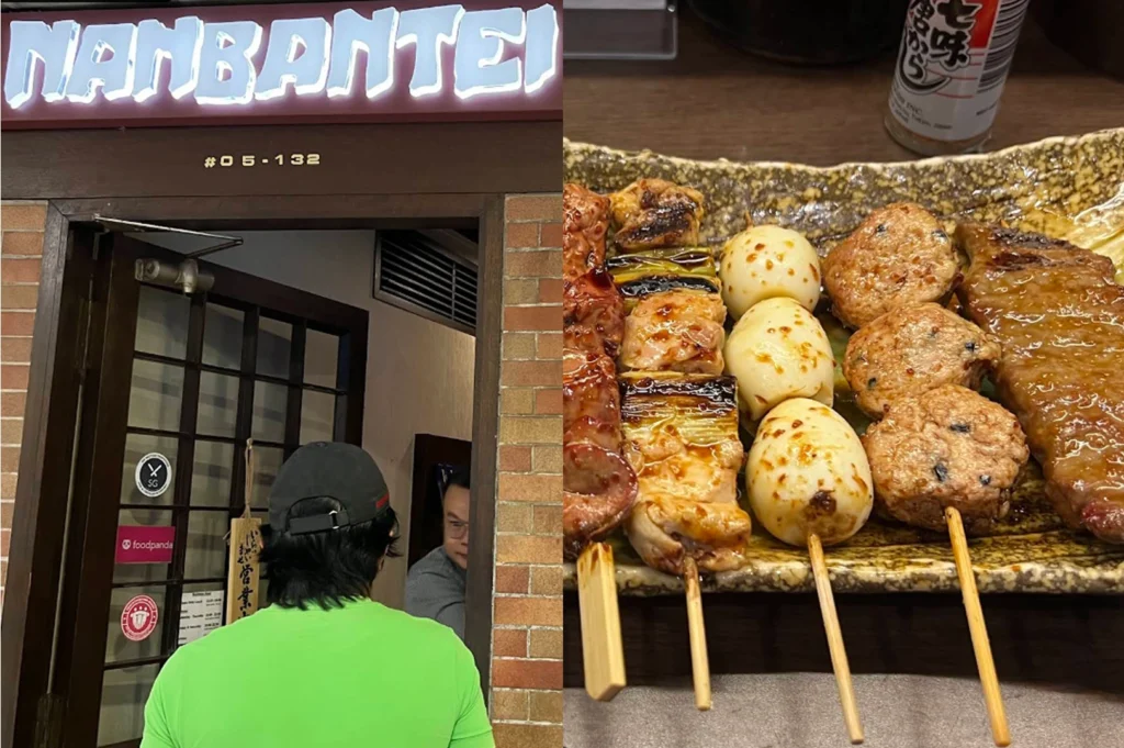 A split-screen image. The left side features the entrance to "Nanbantei" Japanese restaurant, showing a brick wall and a dark wooden door with a Foodpanda delivery sticker. The right side is a top-down close-up of a platter of assorted yakitori skewers, including grilled meat, quail eggs, and thick chicken meatballs, seasoned with a dark glaze.