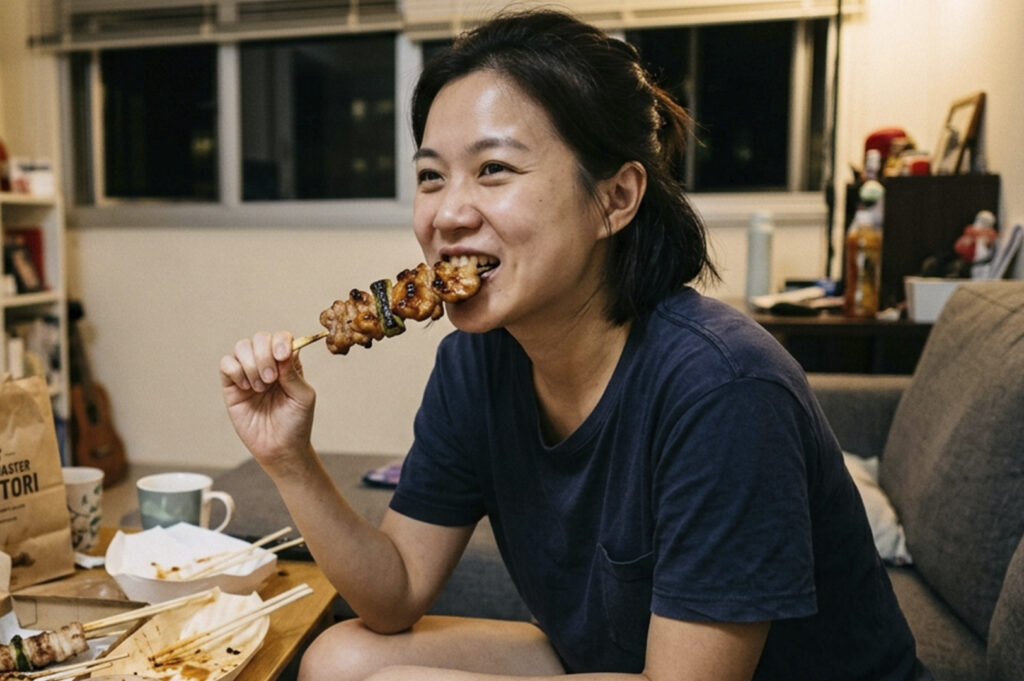 A woman in a navy blue t-shirt sits on a grey sofa in a brightly lit apartment, happily taking a bite of a yakitori skewer. The skewer features pieces of grilled chicken and charred leeks (negima) glazed in a dark tare sauce. On the wooden coffee table in front of her are several open takeout containers, used bamboo skewers, and a mug, suggesting a casual home delivery meal.