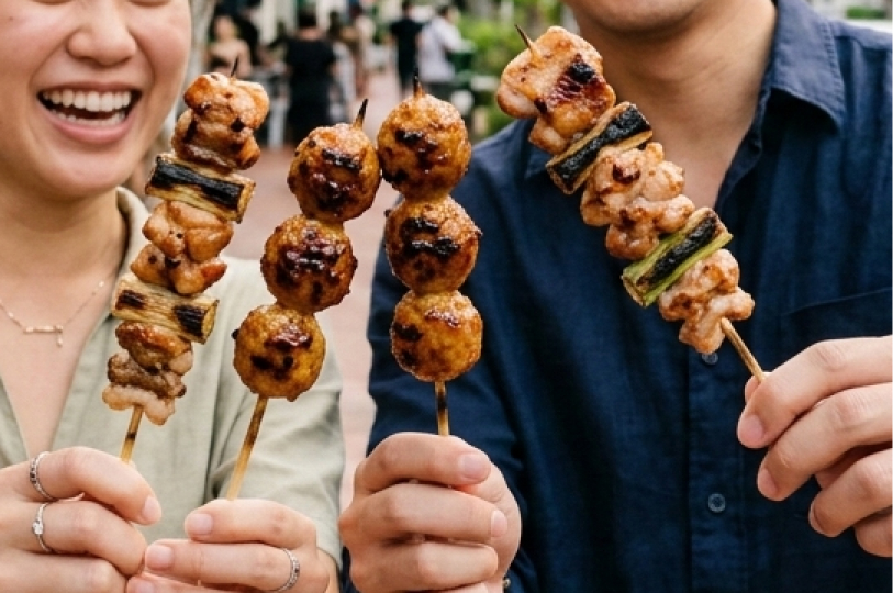 Two people smiling and holding up skewers of chicken thighs with scallions and grilled chicken meatballs (tsukune).
