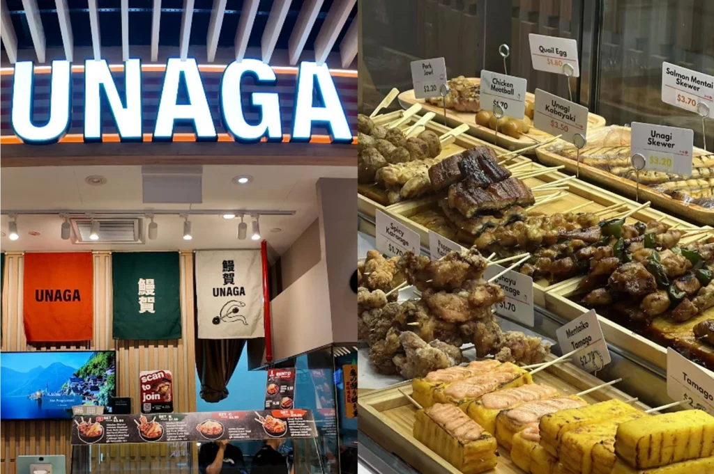 A split-screen image. The left side shows the modern storefront of "UNAGA," featuring bright blue neon signage and colorful banners in red, green, and white. The right side shows a glass display case filled with various prepared skewers, including unagi (eel), tamagoyaki (rolled omelet) with mentaiko, and fried chicken, each with its own price tag.