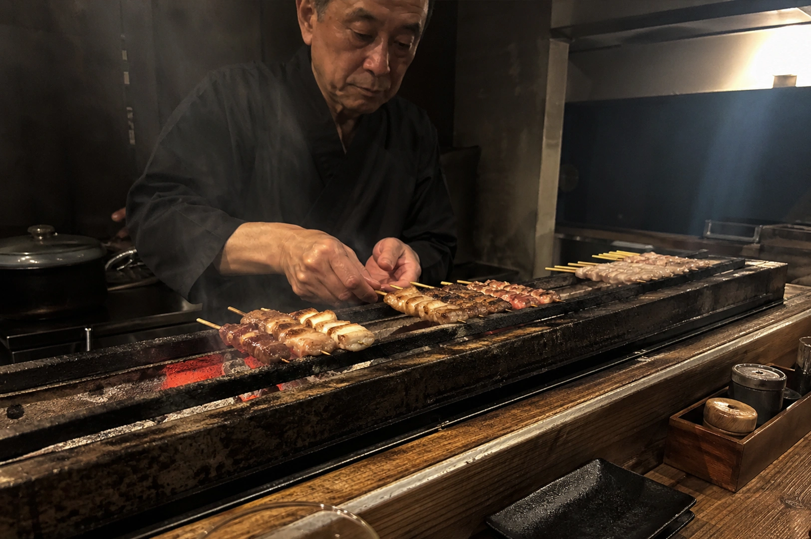A high-angle, medium shot captures an elderly Japanese chef with a focused expression as he meticulously grills several rows of yakitori skewers over a traditional narrow charcoal grill. Dressed in a dark navy samue, he uses both hands to adjust the wooden skewers, which feature various cuts of chicken and green onions charred to a golden brown. The grill glows with intense orange embers from binchotan charcoal, sending thin wisps of white smoke into the dimly lit, atmospheric restaurant. In the foreground, a rustic wooden counter holds small ceramic condiment containers and a black rectangular serving plate, while the dark, blurred background highlights the chef’s craftsmanship and the warmth of the hearth.