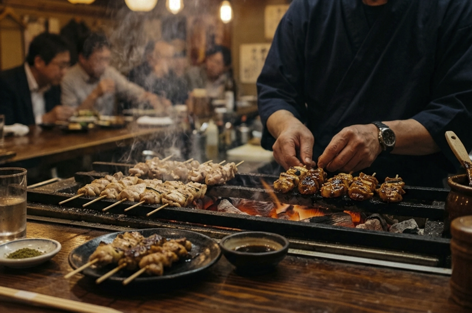 Yakitori chef in a dark blue traditional tunic meticulously tending to several rows of chicken skewers grilling over an open charcoal hearth. To the left, skewers appear seasoned with salt (shio), while those on the right glisten with a dark, savory tare sauce. Wisps of white smoke rise from the glowing orange embers into the warm, dimly lit atmosphere of a cozy Japanese izakaya. In the foreground, a finished plate of skewers sits on a rustic wooden counter alongside small dishes of dipping sauce and green seasoning powder. The background is softly blurred, showing patrons seated at the bar, engaged in conversation, which enhances the intimate and authentic culinary setting.