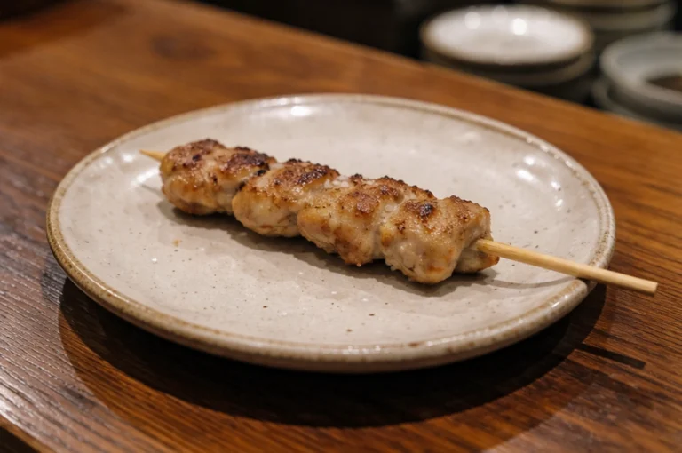 A high-angle, close-up shot features a single, golden-brown yakitori skewer resting on a rustic, speckled ceramic plate. The skewer consists of four pieces of grilled chicken, char-grilled to a crisp texture with visible salt crystals sprinkled on top, suggesting a savory seasoning. The plate is circular with a slightly raised rim and sits on a warm, dark wooden table. In the blurred background, stacks of similar ceramic dishes are visible, creating a shallow depth of field that emphasizes the glistening, expertly cooked meat.
