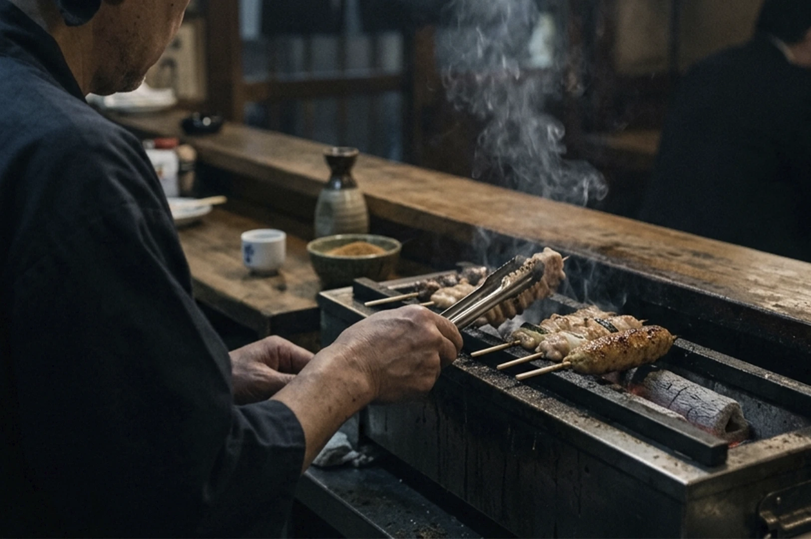 In a dimly lit, atmospheric izakaya, a chef dressed in a traditional dark navy blue garment stands at a narrow wooden counter, meticulously grilling several skewers of yakitori. His weathered hands use metal tongs to adjust a skewer of tsukune (chicken meatball) over a long, rectangular charcoal grill filled with glowing binchotan embers. Wisps of white smoke rise from the sizzling meat, which includes varieties like negima (chicken and leek), their surfaces glistening with a golden-brown glaze. The background is softly blurred, showing a rustic wooden interior with a ceramic sake carafe, a small white cup, and a bowl of seasoning, all contributing to the intimate, warm, and authentic culinary scene.