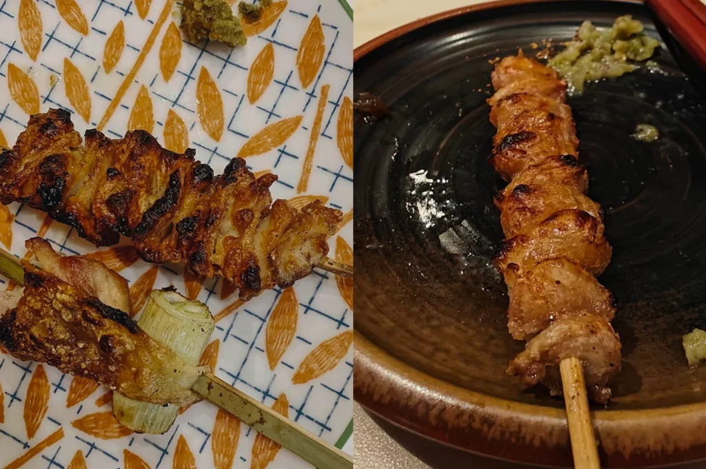 This side-by-side comparison focuses on skewers of grilled chicken skin. The left image shows two skewers on a white plate decorated with an orange leaf pattern; the skin is deeply charred, crispy, and irregular in shape, served with a small dollop of green yuzu kosho. The right image shows a single skewer on a dark, rustic ceramic plate with a glossy finish. The chicken skin here is tightly bunched, appearing more uniform and succulent with a golden-brown glaze and a light dusting of spice, also accompanied by a portion of green condiment in the backgroun