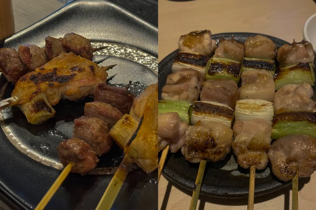 Two different presentations of assorted grilled skewers are shown. On the left, a dark textured plate holds a variety of meats, including what appears to be gizzard and chicken wings with charred edges and visible salt crystals. The lighting is low and dramatic, highlighting the oily sheen of the grill. The right image features a more orderly arrangement on a black plate, showcasing four skewers of chicken and leek (negima). The chicken pieces are plump and lightly browned, interspersed with thick, charred sections of white leek, presented in a bright, even light.
