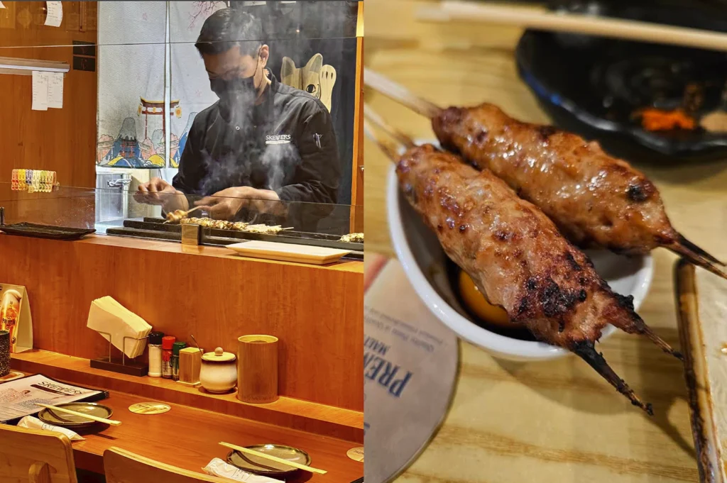 This split-screen image highlights the dining environment and a signature dish: the left side shows a chef in a "SKEWERS" branded uniform working behind a clear partition at a clean wooden counter set with condiments; the right side provides a macro view of two golden-brown, glazed Tsukune (chicken meatball) skewers resting over a small bowl of dark tare sauce.