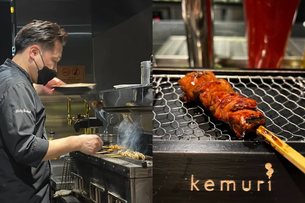 This split-screen image focuses on the "Kemuri" brand experience: the left side captures a chef with a black face mask carefully managing a row of skewers on a professional grill station; the right side shows a single, thick skewer of glossy chicken thigh resting on a wire mesh directly above a dark wooden grill base featuring the "kemuri" logo in white text.