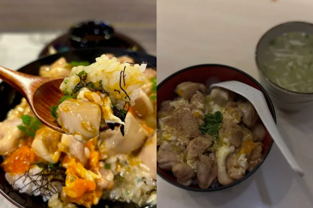 Two versions of Oyakodon are presented side-by-side. The left image is a vibrant, tight close-up of a wooden spoon lifting a bite of glistening chicken, soft-set egg, and rice garnished with shredded nori. The egg is creamy and rich in color. The right image shows a full bowl of Oyakodon in a more traditional presentation, featuring chunks of pale chicken and cooked egg topped with green onions and a dusting of spice. A white ceramic spoon rests in the bowl, and a small side of clear broth is visible in the background.