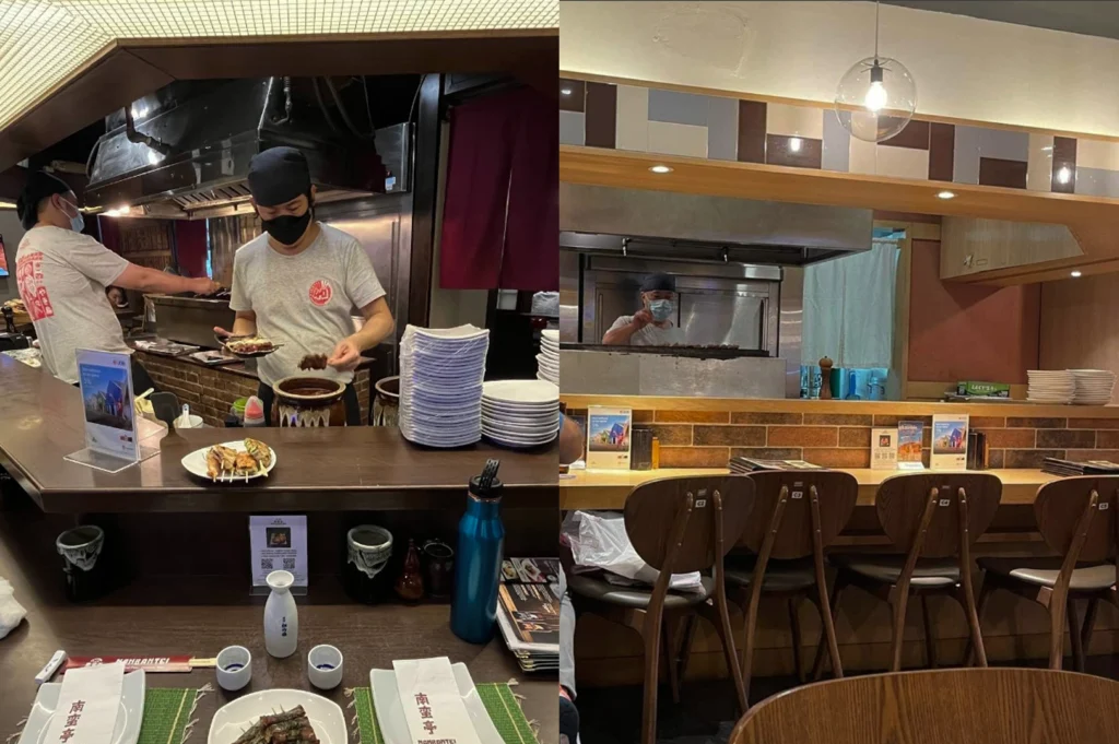 A split-screen image showing the counter dining experience. The left side shows a chef behind the counter dipping a skewer into a large ceramic pot of tare sauce, with a plate of grilled yakitori ready for service. The right side shows an empty row of dark wooden chairs lined up against a light wood counter, offering a clear view of the kitchen's brick-lined grilling station and a circular glass pendant light hanging above.