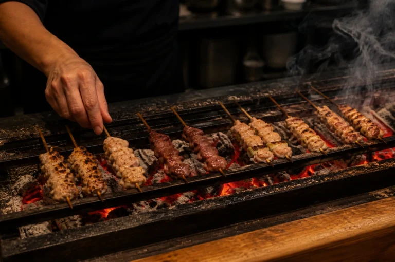 In a dimly lit kitchen with a documentary aesthetic, a chef's hand reaches out to adjust several yakitori skewers grilling over a bed of glowing red charcoal. The close-up shot captures the realistic textures of the various chicken cuts and leeks as they char and glisten under the heat, with thin wisps of smoke rising from the traditional grill. The focus is sharp on the foreground skewers, showcasing the meticulous preparation typical of a professional Japanese culinary environment, while the background remains softly blurred to emphasize the action at the station.