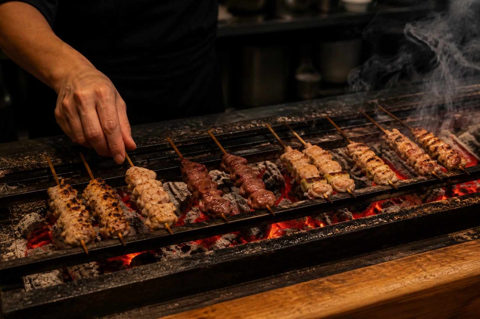 In a dimly lit kitchen with a documentary aesthetic, a chef's hand reaches out to adjust several yakitori skewers grilling over a bed of glowing red charcoal. The close-up shot captures the realistic textures of the various chicken cuts and leeks as they char and glisten under the heat, with thin wisps of smoke rising from the traditional grill. The focus is sharp on the foreground skewers, showcasing the meticulous preparation typical of a professional Japanese culinary environment, while the background remains softly blurred to emphasize the action at the station.