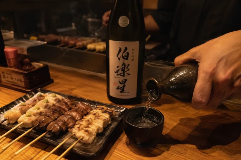 A close-up, warm-toned photograph captures a traditional Japanese dining experience at a wooden counter, highlighting the pairing of yakitori and sake. On the left, a black rectangular plate holds several skewers of grilled chicken, arranged neatly by type: some are topped with a dab of green wasabi, others feature dark, glossy glazed meat, and the rest show a lightly charred, pale surface. To the right, a hand is pouring sake from a dark, textured ceramic flask into a small matching cup, creating ripples in the clear liquid. Standing prominently behind the cup is a large, dark green sake bottle with a white label featuring elegant black Japanese calligraphy that reads "Hakurakusei" (伯楽星). In the dimly lit, soft-focus background, additional skewers can be seen cooking over a grill, alongside small condiment containers on the left side of the counter.