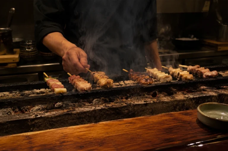 A chef in a dark uniform meticulously tends to a row of yakitori skewers grilling over a traditional narrow charcoal bed, known as a konro. Thick plumes of white smoke rise from the sizzling meat, partially obscuring the chef’s torso and adding a sense of movement to the dimly lit, atmospheric kitchen. The skewers feature various cuts of chicken and green scallions, some showing a deep, caramelized char while others are still pale and cooking. In the foreground, the edge of a polished wooden counter and a small ceramic dish are visible, while the background reveals the organized clutter of a professional Japanese kitchen with stacked bowls and stainless steel surfaces.
