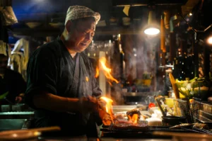Chef in a dark uniform grilling food over open flames in a dimly lit kitchen, with smoke and warm lighting creating a dramatic culinary atmosphere.