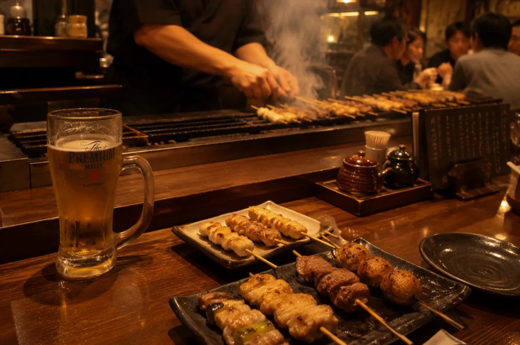 A warm, close-up shot focused on the yakitori grill and the customer's meal. In the foreground, two dark ceramic plates hold several types of grilled skewers, including negima (chicken and scallion) and tsukune (meatballs). To the left, a large frosted glass mug of Suntory "The Premium Malt’s" beer is filled with golden lager and a thick head of foam. In the soft-focus background, a chef’s hands are seen moving quickly over a smoky grill packed with rows of skewers. The lighting is dim and golden, highlighting the steam rising from the charcoal.