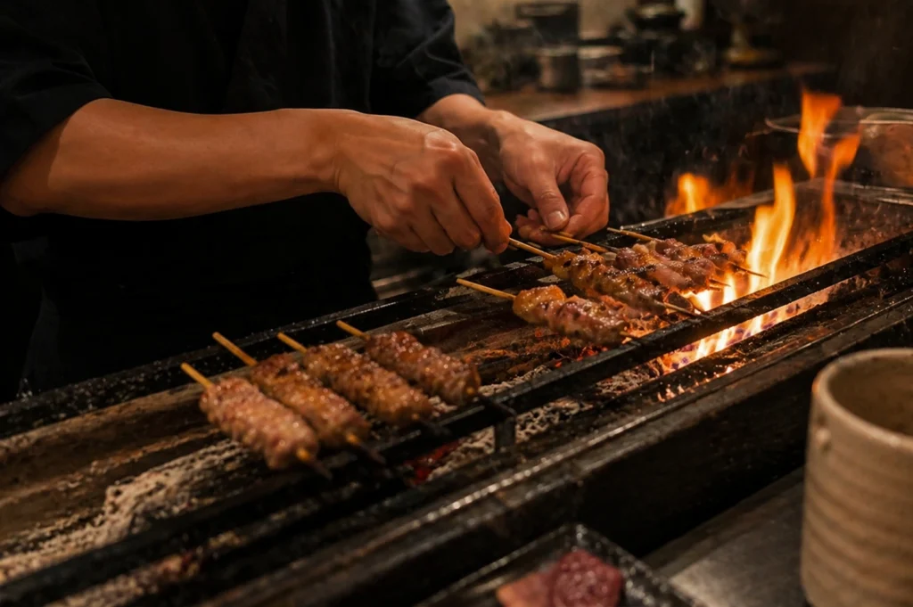 A dramatic close-up focusing on a chef's hands as they manipulate several skewers of chicken over an intense open flame. The fire leaps up from the binchotan charcoal, licking the sides of the meat which is glistening with rendered fat and glaze. To the left, several other skewers rest on the cooler part of the blackened iron grate, showcasing the charred, golden-brown texture of the yakitori.