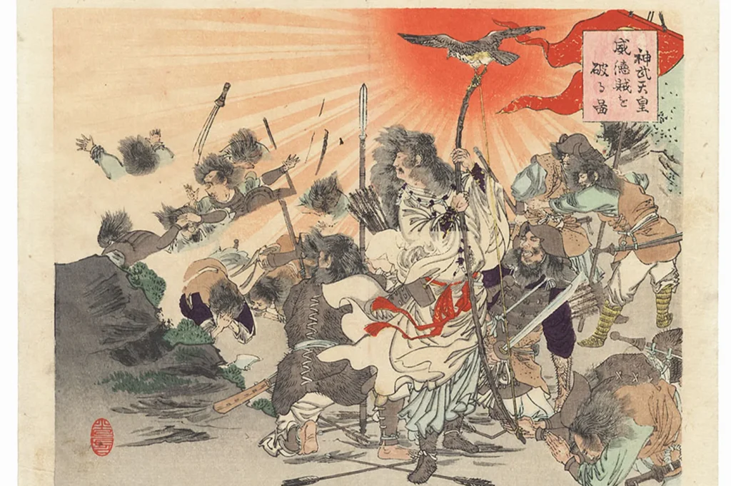 Traditional Japanese ukiyo-e style artwork depicting Emperor Jimmu guided by the golden crow Yatagarasu during a battle scene under a rising sun.