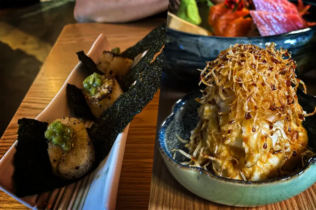 A side-by-side split image of two Japanese appetizers. The left side shows three seared scallops topped with green relish, served on dark green nori sheets in a narrow white dish. The right side shows a small ceramic bowl holding a mound of food layered under a dense nest of crispy, golden-brown fried shredded potatoes or onions.