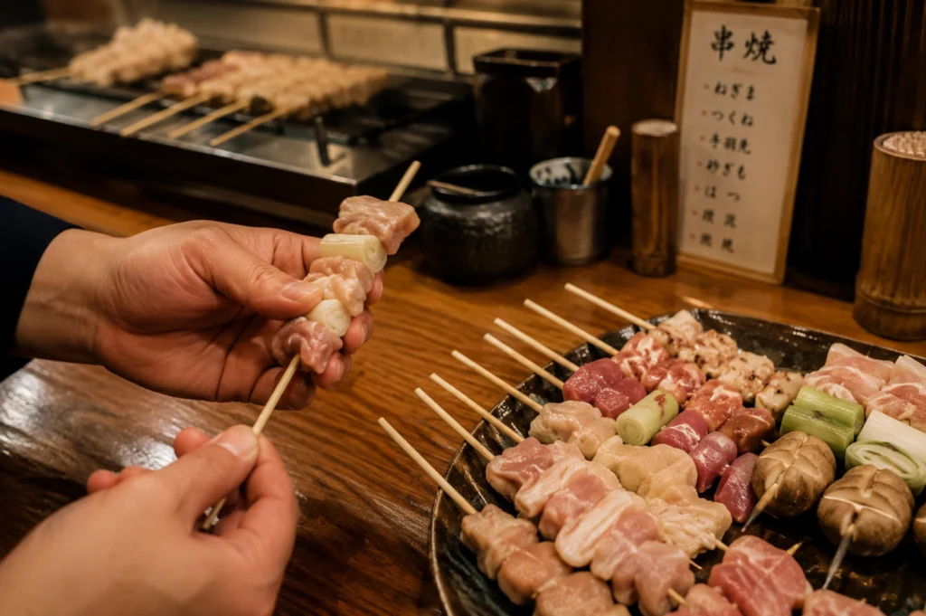 A close-up shot features a chef's hands carefully threading raw, pale pink pieces of chicken thigh and thick chunks of white Japanese leek onto a bamboo skewer over a warm wooden countertop. To the right, a large dark ceramic platter holds an array of neatly arranged, uncooked skewers ready for the grill, including different cuts of chicken meat, vibrant red giblets, bright green leek segments, and whole shiitake mushrooms. The background shows a blurry professional grilling station with skewers already cooking, next to a vertical wooden menu stand displaying elegant Japanese calligraphy (kanji) listing the different types of yakitori available.