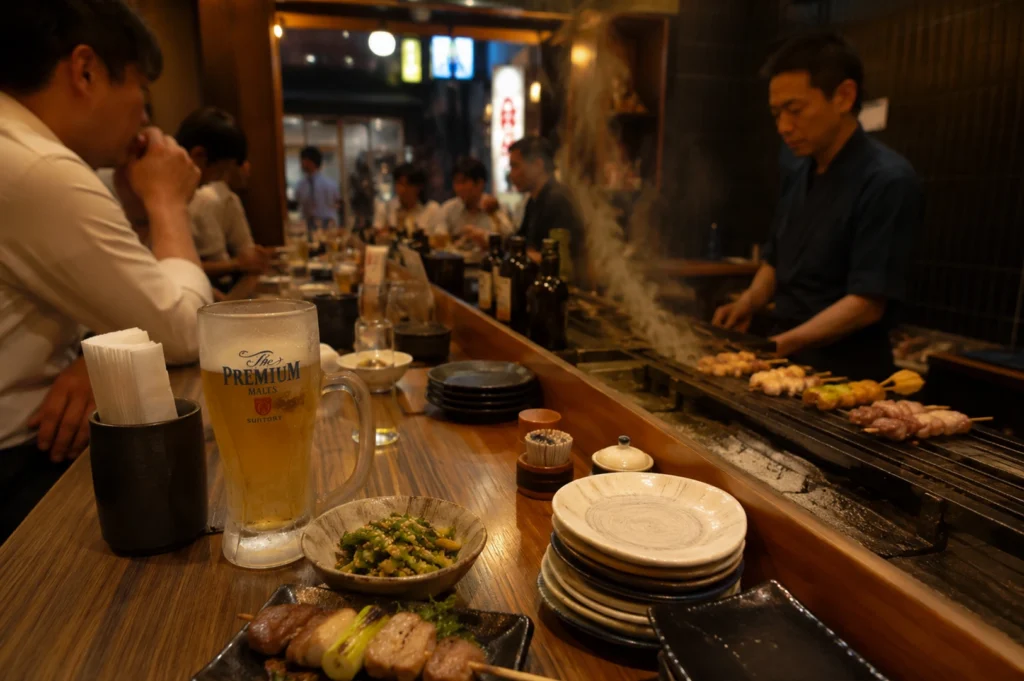 A low-angle shot looking down the length of a dark wood counter. A frosted mug of beer sits in the immediate foreground next to a small bowl of green appetizers and a plate of grilled chicken. To the right, a chef in a navy blue uniform focuses on a long grill where plumes of white smoke rise from the sizzling meat. In the blurred background, several businessmen in white shirts are seated at the counter, and the open doorway reveals a glimpse of a brightly lit Japanese street at night.