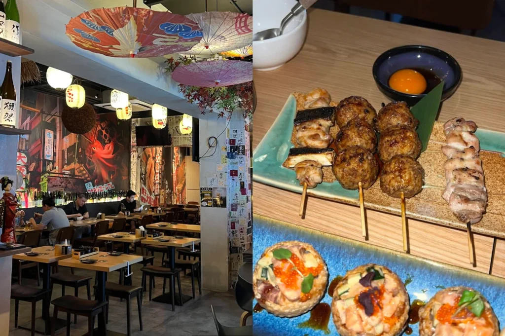 This split-screen image showcases a lively izakaya atmosphere and its signature dishes. The left panel reveals a bustling restaurant interior decorated with colorful traditional Japanese umbrellas hanging from the ceiling, glowing lanterns, and walls covered in posters and handwritten slips. The right panel is a top-down view of grilled skewers, including chicken meatballs (tsukune) served with a raw egg yolk for dipping, and three small, round crispy appetizers topped with salmon roe and microgreens.