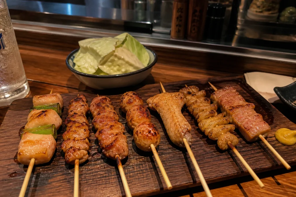 A close-up shot of seven different grilled skewers neatly arranged on a dark, textured wooden board. The skewers include variety meats like grilled chicken skin, meatballs, and chicken wings, each showing distinct char marks and glazes. A small dollop of yellow mustard sits on the corner of the board. In the background, a small ceramic bowl filled with chunks of raw cabbage and a tall glass of a clear, bubbly beverage are visible against the metallic finish of the kitchen counter.