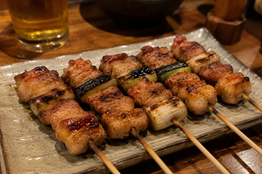 A close-up, eye-level shot highlights a rectangular, speckled gray ceramic plate holding five perfectly grilled negima yakitori skewers resting on a wooden table. Each skewer features alternating thick, juicy pieces of chicken thigh with beautifully caramelized surfaces and dark grill marks, alongside thick rounds of Japanese leek that are heavily charred on the outer edges. A glass filled with a golden, effervescent alcoholic beverage, likely beer or a highball, sits softly blurred in the upper left background, catching the warm, atmospheric lighting of the restaurant.