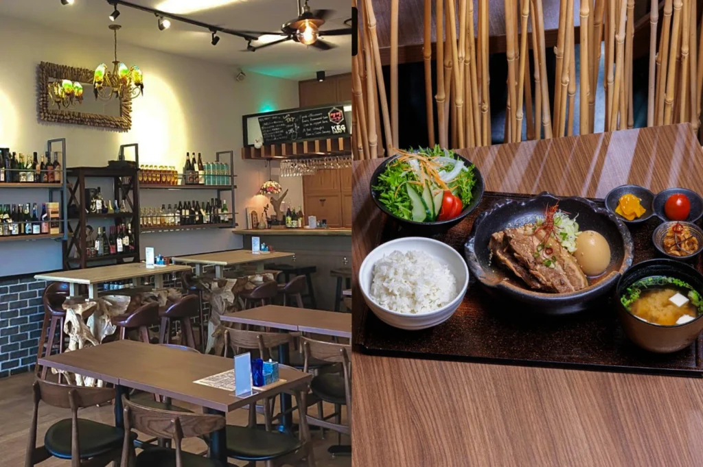 This split-screen image features a rustic dining space and a traditional Japanese meal set. The left side displays a cozy bar area with wooden tables, stools with unique driftwood-style legs, and shelves stocked with various bottles of sake and spirits under warm, ornate lighting. The right side shows a wooden tray containing a bowl of white rice, miso soup, a fresh garden salad, small side dishes of pickles, and a main bowl of braised pork belly (kakuni) with a soft-boiled egg, set against a backdrop of vertical bamboo poles.