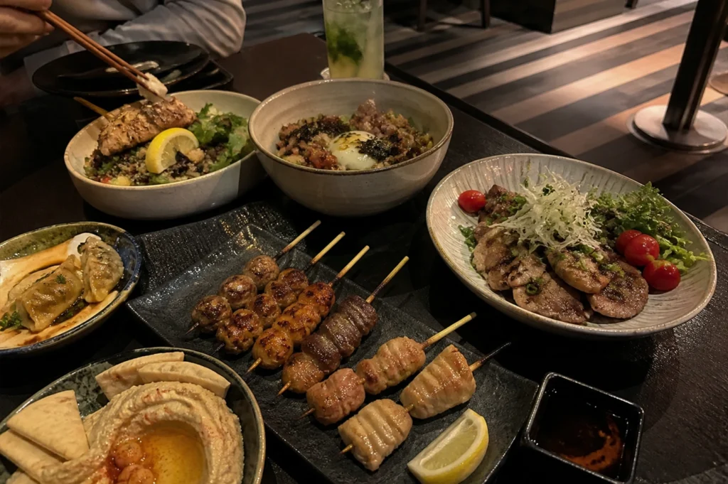 An overhead shot of a large table filled with diverse dishes. The spread includes a plate of five grilled skewers (meatballs and pork belly), a bowl of hummus with pita bread, two large grain bowls topped with vegetables and soft-boiled eggs, and a plate of grilled meat garnished with shredded radish and cherry tomatoes. A person's hand is visible in the upper left using chopsticks to pick up food, and a tall green mojito-style drink sits at the top of the frame.