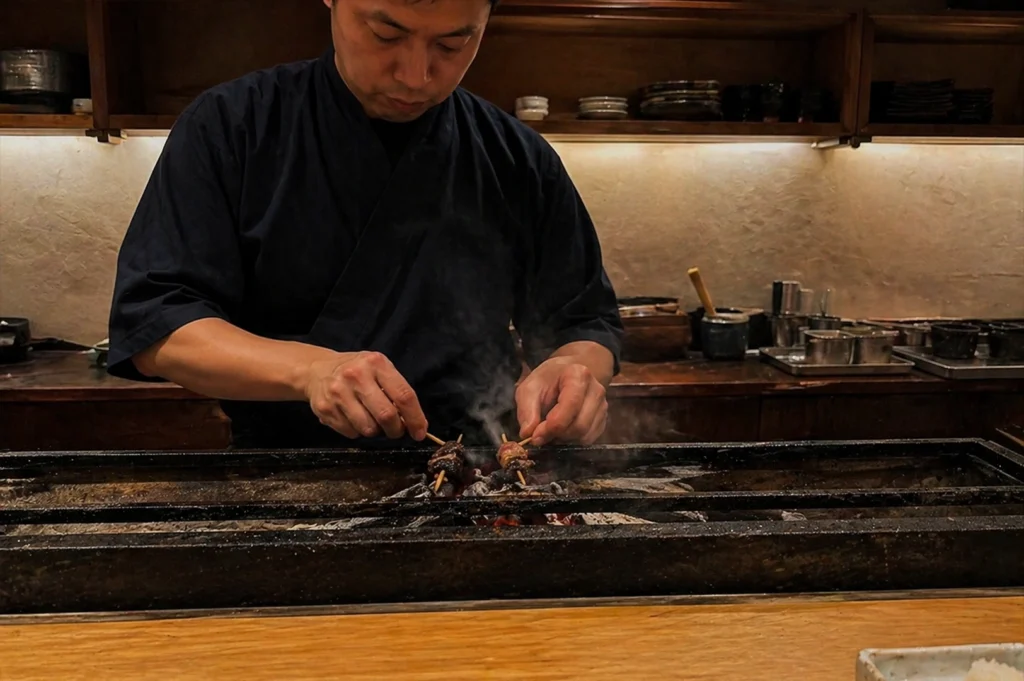 A medium shot of a focused yakitori chef dressed in a traditional dark navy samue. He stands behind a long, narrow charcoal grill (konro), his hands precisely adjusting two small skewers over glowing embers. Soft, wispy smoke rises from the grill, illuminated by warm under-shelf lighting that reflects off a textured, cream-colored back wall. In the background, wooden shelves are neatly lined with ceramic plates and bowls.