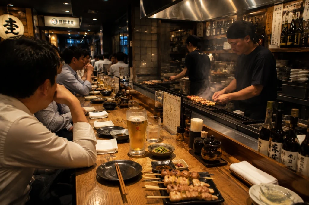A medium shot from a low angle, focusing on the chef behind the counter. He wears a black bandana and a dark shirt, his expression focused as he manages a large number of skewers on the smoky grill. In the foreground, three black rectangular plates are lined up, featuring a variety of yakitori: browned chicken thigh, meatballs, and skewers with leeks. A large mug of beer and several small ceramic spice jars sit nearby. The atmosphere is cozy and dense with the haze of grilled meat.