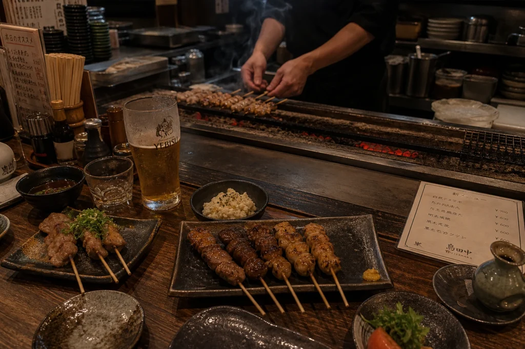 A medium shot looking over a restaurant counter where a chef is actively grilling dozens of yakitori skewers over a long, glowing charcoal hearth. Smoke rises from the grill, catching the light. In the foreground, the diner's table is set with a frosty glass of Yebisu beer, two plates of finished skewers, a small bowl of potato salad, and a printed menu. The lighting is warm and moody, focusing on the craftsmanship of the cooking process.