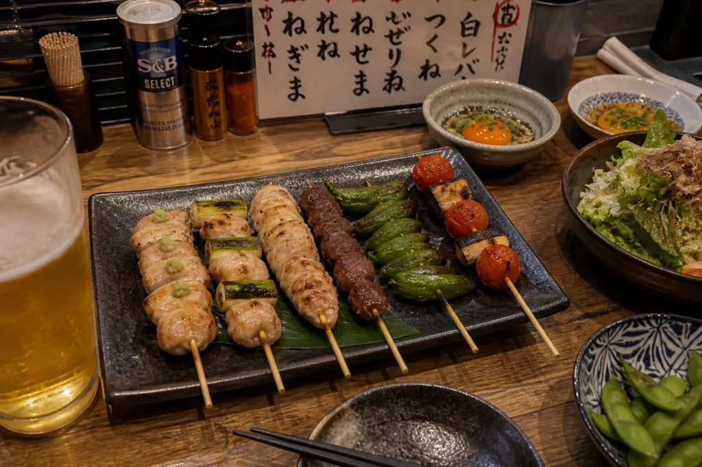 A close-up, high-angle shot of a spread at a Japanese izakaya. In the center, a dark ceramic rectangular plate holds six skewers of yakitori, including grilled chicken thigh with wasabi, chicken with leeks, minced chicken balls (tsukune), and grilled shishito peppers. To the left, a tall, condensation-covered glass of golden beer with a frothy head sits on the wooden table. Surrounding the main plate are various side dishes: a bowl of bright green edamame, a fresh green salad topped with bonito flakes, and a small bowl containing a raw egg yolk in sauce.