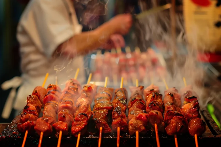 An eye-level, close-up shot captures an array of yakitori chicken skewers grilling over an open flame, representing the file "1-Types of Yakitori Chicken Skewers in Singapore.webp". A dense row of bamboo skewers packed with different cuts of meat sizzles on the grill grate, showing deep caramelization, glossy sauces, and slight char marks. Thick wisps of white smoke rise heavily from the food, creating a sense of intense heat and aroma. In the softly blurred background, a chef wearing a white uniform and apron stands behind the grill, actively managing more skewers on a tray under warm, atmospheric kitchen lighting.