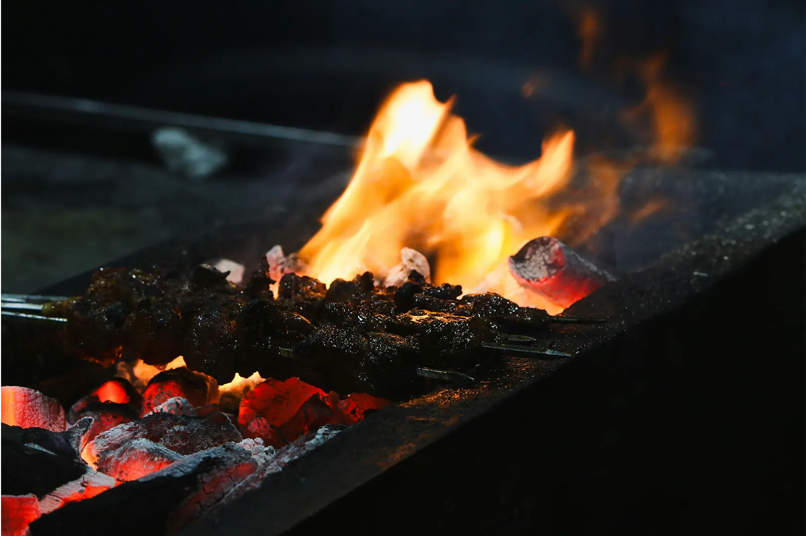 Skewered meat sizzles over a dark charcoal trough filled with glowing, red-hot embers and vibrant orange flames. Wisps of smoke rise into the dark background, highlighting the charred, glossy texture of the cooking kebabs.