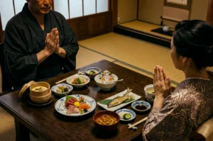 A wide, eye-level shot captures a man and a woman in traditional Japanese attire sitting across from each other at a low wooden table, representing the file "1-More Than a Phrase The Meaning of Itadakimasu.webp". Both individuals have their hands pressed together in a prayer-like gesture, expressing gratitude before partaking in a multi-course washoku meal spread across the table. The elaborate feast includes a platter of fresh sashimi, a grilled whole fish, a bowl of miso soup with mushrooms, a small bamboo steamer, and various side dishes. The scene is set in a serene washitsu (traditional Japanese room) with tatami mat flooring and shoji paper sliding doors, creating a calm and culturally rich atmosphere.