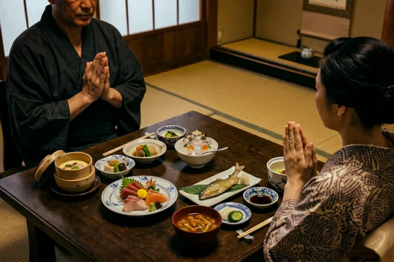 A wide, eye-level shot captures a man and a woman in traditional Japanese attire sitting across from each other at a low wooden table, representing the file "1-More Than a Phrase The Meaning of Itadakimasu.webp". Both individuals have their hands pressed together in a prayer-like gesture, expressing gratitude before partaking in a multi-course washoku meal spread across the table. The elaborate feast includes a platter of fresh sashimi, a grilled whole fish, a bowl of miso soup with mushrooms, a small bamboo steamer, and various side dishes. The scene is set in a serene washitsu (traditional Japanese room) with tatami mat flooring and shoji paper sliding doors, creating a calm and culturally rich atmosphere.