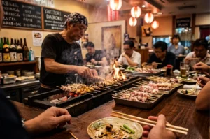 A close-up, eye-level shot captures the intimate and energetic atmosphere at a Japanese yakitori bar counter, representing the file "1-The Unexpected Lesson I Learned From Waiting for the Next Skewer.webp". In the mid-ground on the left, a focused chef wearing a dark t-shirt and a patterned bandana carefully turns dozens of chicken skewers over a long charcoal grill, which emits rising smoke and small, bright orange flames. Several raw and half-cooked skewers are neatly arranged in metal trays on the dark wooden counter in front of the diners. In the foreground, a patron's hands hold chopsticks over a small, rustic ceramic plate with food remnants, while several other customers sit close together along the bar in the warmly lit background under glowing red-and-white paper lanterns and blackboard menus reading "YAKITORI DAIKOKU.”