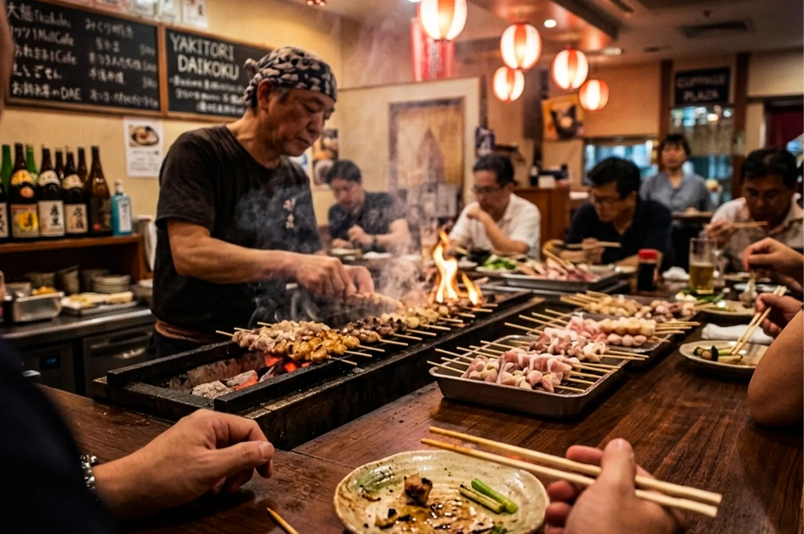 A close-up, eye-level shot captures the intimate and energetic atmosphere at a Japanese yakitori bar counter, representing the file "1-The Unexpected Lesson I Learned From Waiting for the Next Skewer.webp". In the mid-ground on the left, a focused chef wearing a dark t-shirt and a patterned bandana carefully turns dozens of chicken skewers over a long charcoal grill, which emits rising smoke and small, bright orange flames. Several raw and half-cooked skewers are neatly arranged in metal trays on the dark wooden counter in front of the diners. In the foreground, a patron's hands hold chopsticks over a small, rustic ceramic plate with food remnants, while several other customers sit close together along the bar in the warmly lit background under glowing red-and-white paper lanterns and blackboard menus reading "YAKITORI DAIKOKU.”