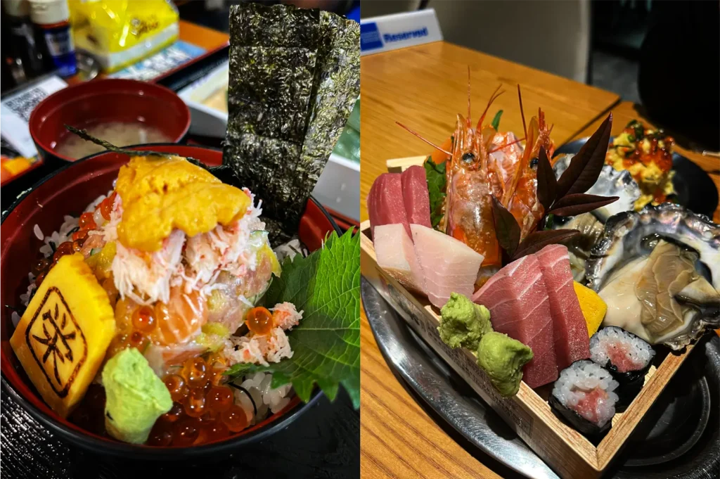 A split-screen composition showcases a premium variety of fresh Japanese seafood delicacies, representing the file "4-Sakedokoro Eizaburo Singapore.webp". On the left, a close-up shot features a vibrant kaisen don (seafood rice bowl) packed with a towering mound of minced raw fish, salmon chunks, crab meat, glistening orange ikura (salmon roe), a bright green shiso leaf, a dollop of wasabi, and a prominent slice of tamago (egg omelet) branded with a Japanese symbol, all crowned with creamy yellow uni (sea urchin) and two sheets of nori (seaweed) standing upright. On the right, a high-angle shot presents a decadent sashimi platter beautifully arranged inside a small wooden box, showcasing thick slices of tuna, salmon, white fish, two whole raw prawns with their heads intact, fresh oysters in their shells, a couple of maki rolls, and two dollops of wasabi, all served on a light wooden dining table.